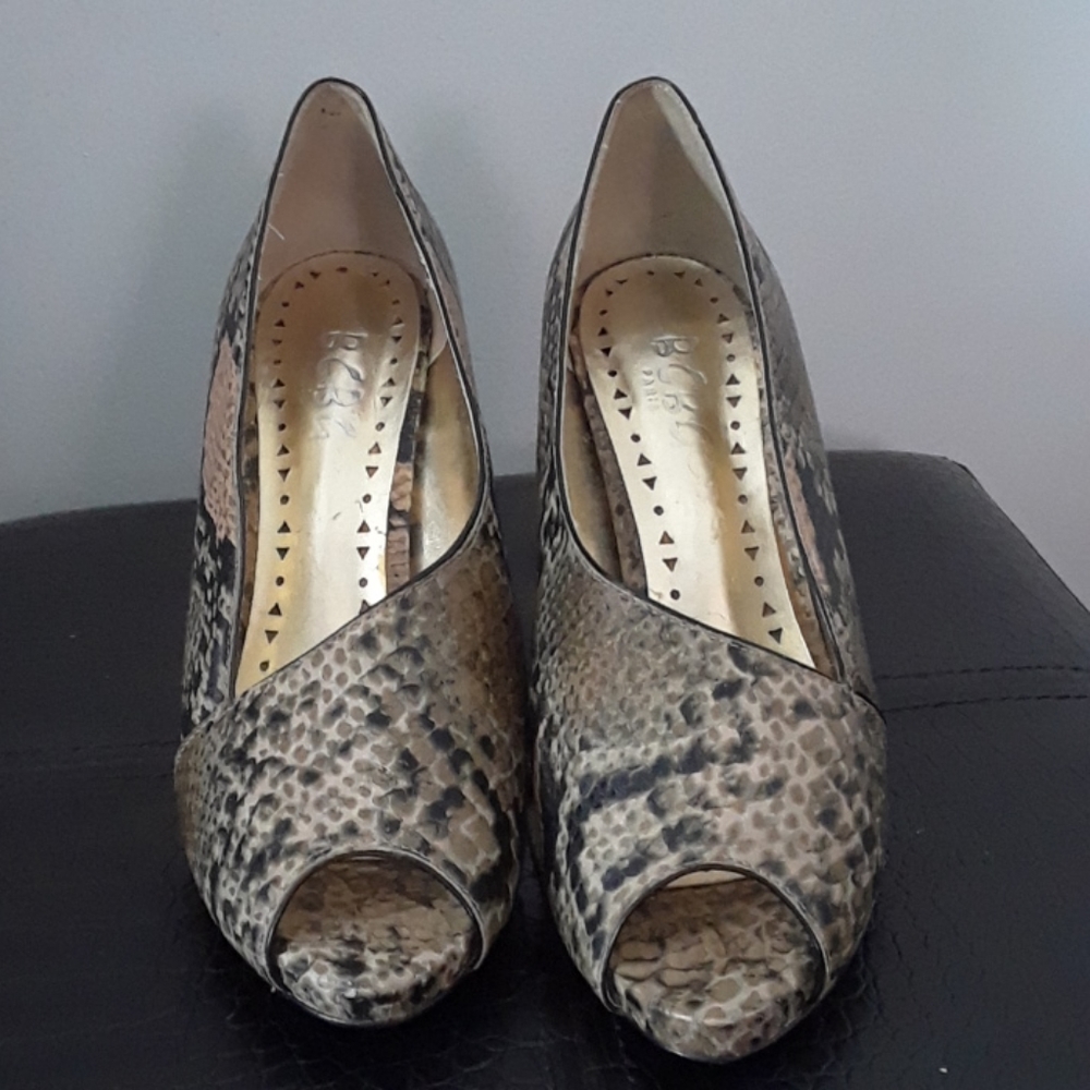 BCBG Leather Snakeskin Open Toe Heels